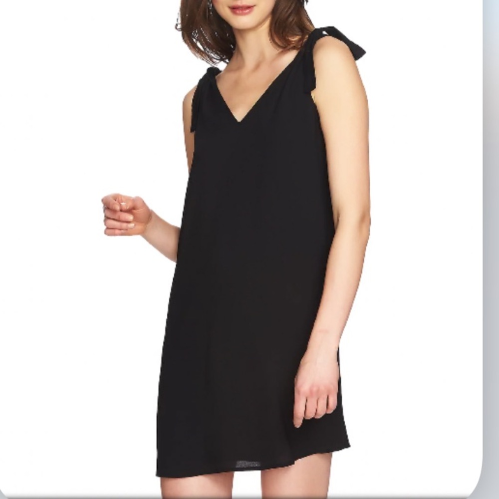 1. State V-neck shift dress with ties at shoulders. Lined. Size Medium